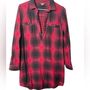 D91 Eddie Bauer Size 4 Red and Black Plaid Long Sleeve Shirt Dress